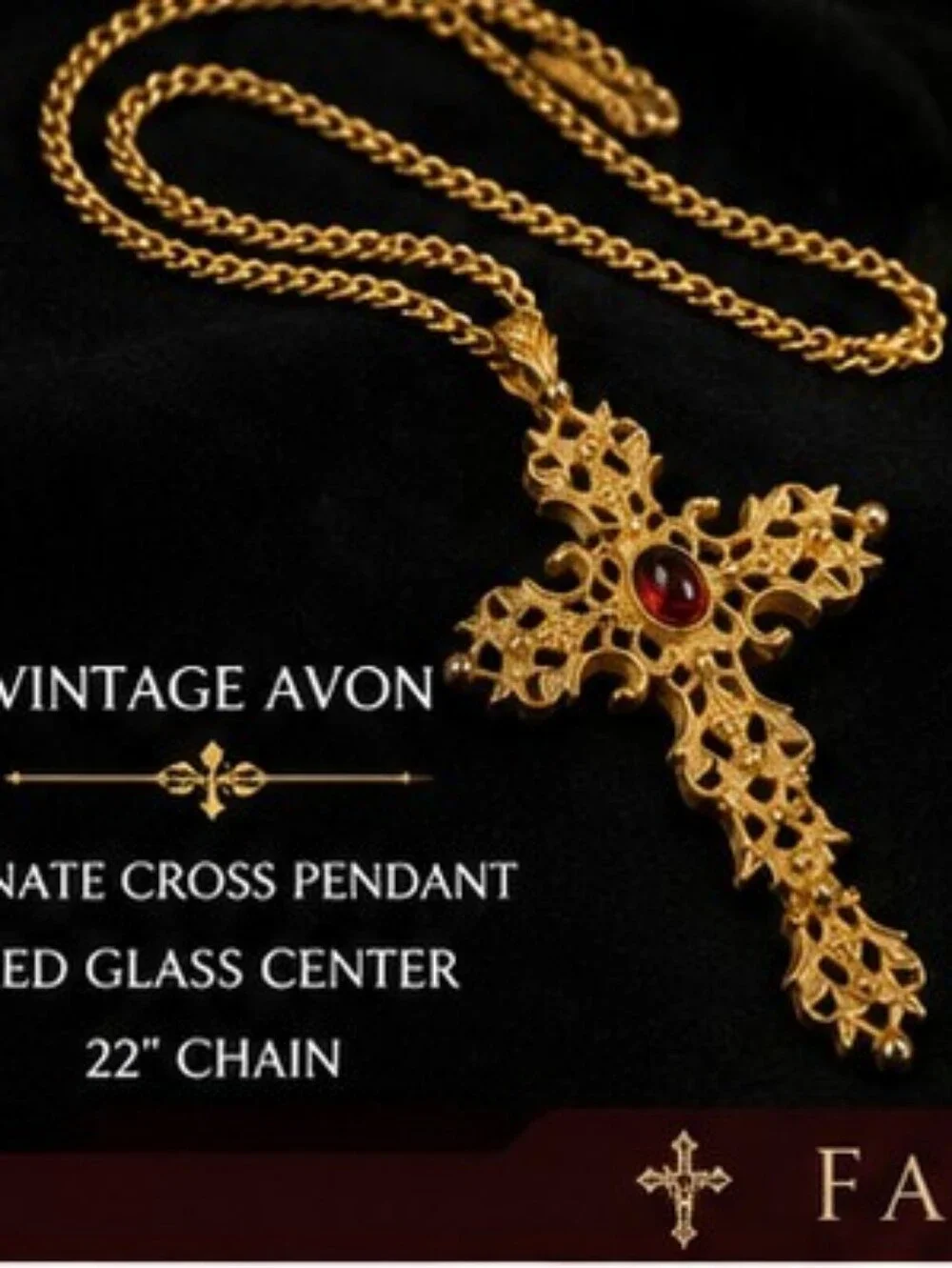 Vintage Avon Ornate Gothic Cross Pendant Necklace Red Glass Cabochon 22 Inch